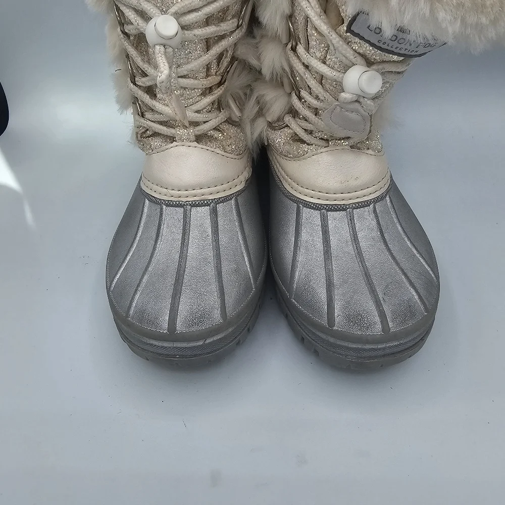 London Fog Girls Collection Winter Boots Sparkly Shine Fur Boots Gray white